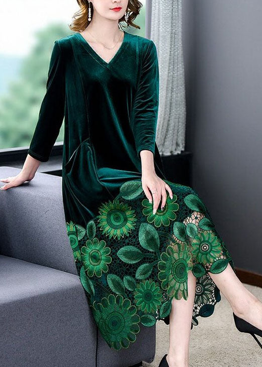 Elegant Green V Neck Embroidered Patchwork Silk Velour Dresses Spring