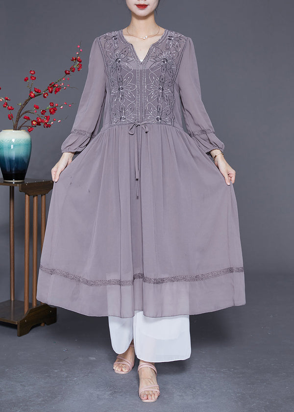 Elegant Grey Embroidered Tie Waist Silk Maxi Dresses Spring