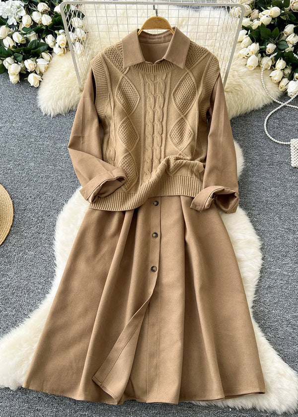 Elegant Khaki Button Knit Vest And Dress Corduroy Two Pieces Set Winter