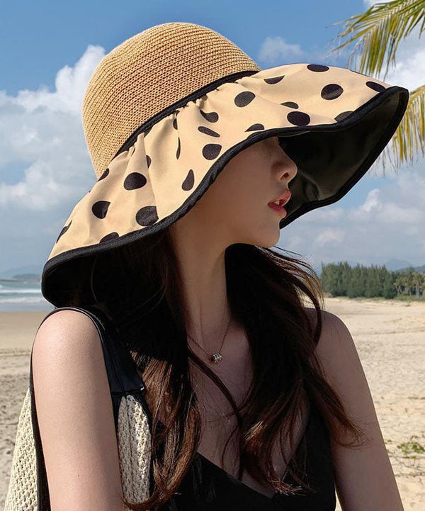 Elegant Khaki Dot Print Patchwork Straw Woven Floppy Sun Hat