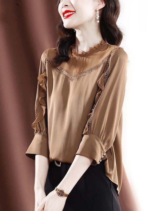 Elegant Khaki Ruffles Patchwork Hollow Out Chiffon Shirt Tops Bracelet Sleeve