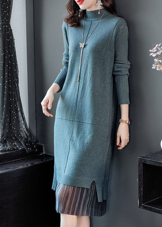 Elegant Lake Blue Turtle Neck Patchwork Knit Long Sweater Winter