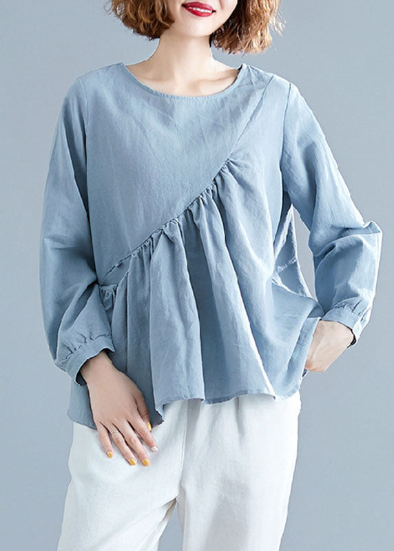 Elegant Light Blue O-Neck Patchwork Ruffles Cotton Shirts Spring