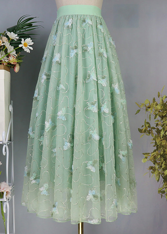 Elegant Light Green Butterfly Embroidered High Waist Tulle Maxi Skirts Spring