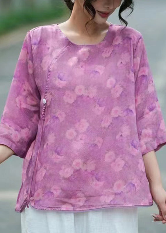 Elegant Light Purple O-Neck Print Linen Tops Bracelet Sleeve