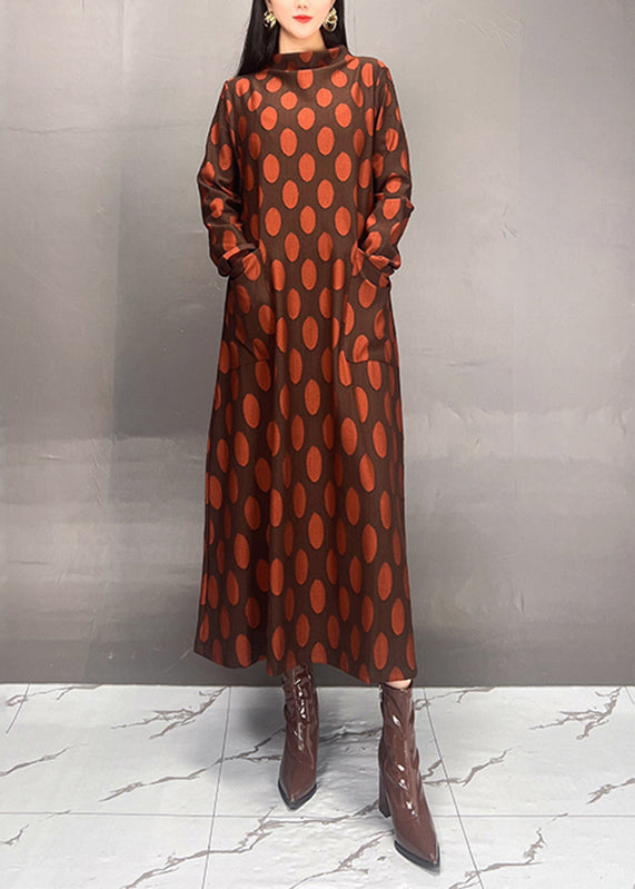 Elegant Mulberry Turtleneck Dot Print Maxi Dress Fall