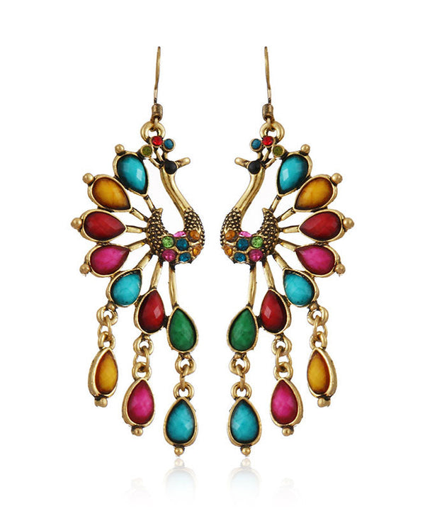 Elegant Multi Colour Peacock Zircon Copper Drop Earrings