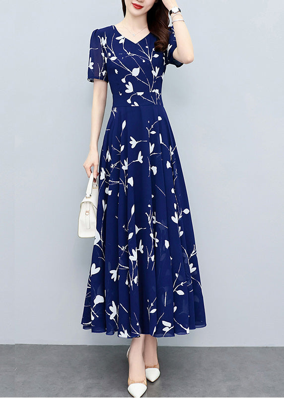 Elegant Navy Blue V Neck Print Slim Chiffon Maxi Dresses Summer