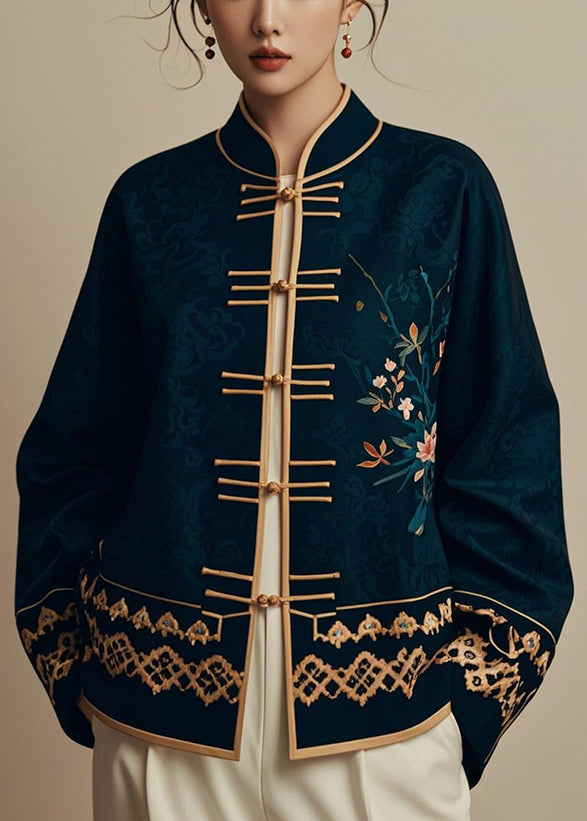 Elegant Navy Chinese Button PrintSilk Coats Fall