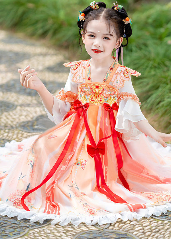 Elegant Orange Embroidered Ruffled Bow Kids Long Dress Summer