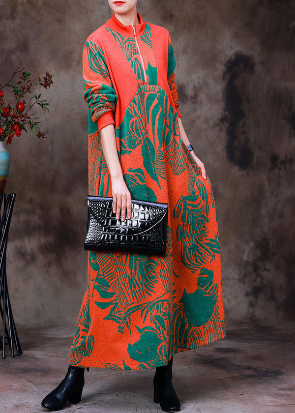 Elegant Orange Stand Collar Zip Up Jacquard Knit Robe Dresses Long Sleeve