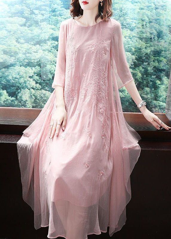 Elegant Pink Embroidered Exra Large Hem Chiffon Dress Summer