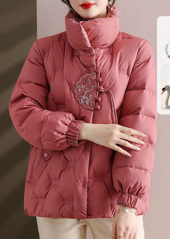 Elegant Pink Embroidered Stand Collar Duck Down Puffers Jackets Winter