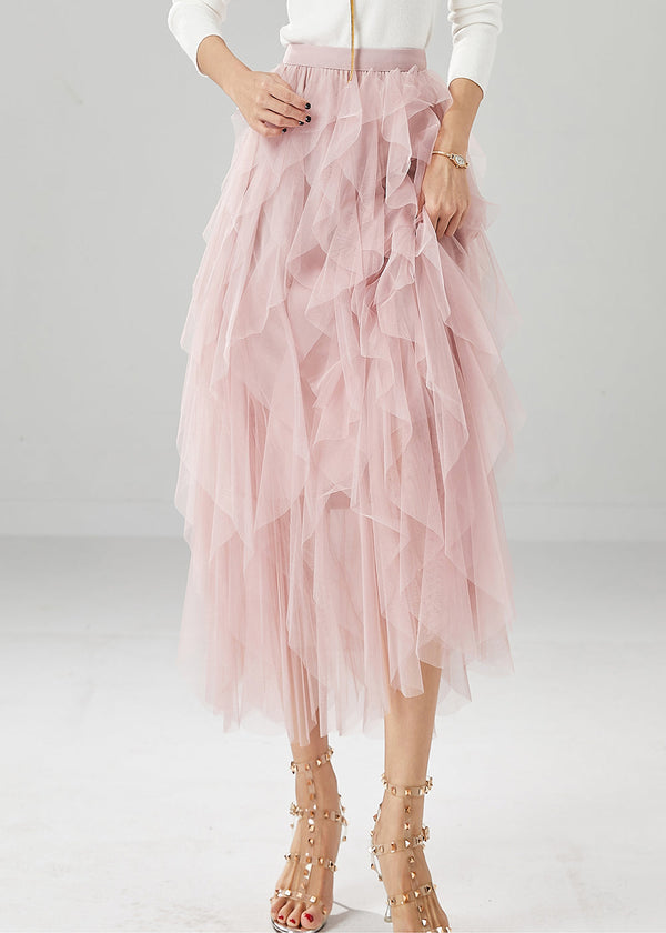 Elegant Pink High Waist Ruffles Tulle Skirt Summer