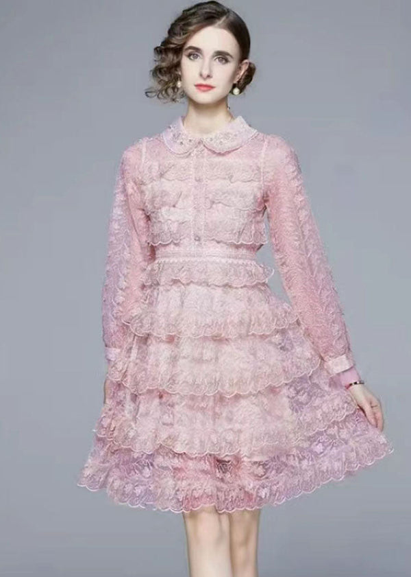 Elegant Pink Peter Pan Collar Ruffles Patchwork Mid Dress Long Sleeve