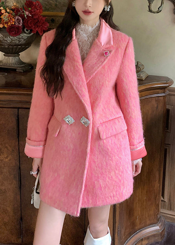 Elegant Pink Peter Pan Collar Zircon Woolen Coats Winter