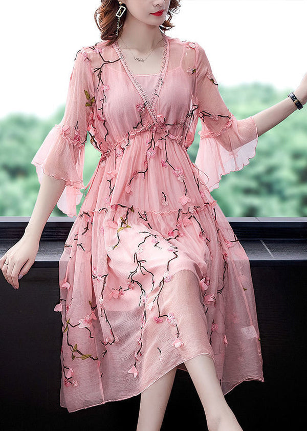 Elegant Pink Ruffled Embroidered ChiffonSilk Maxi Dresses Flare Sleeve