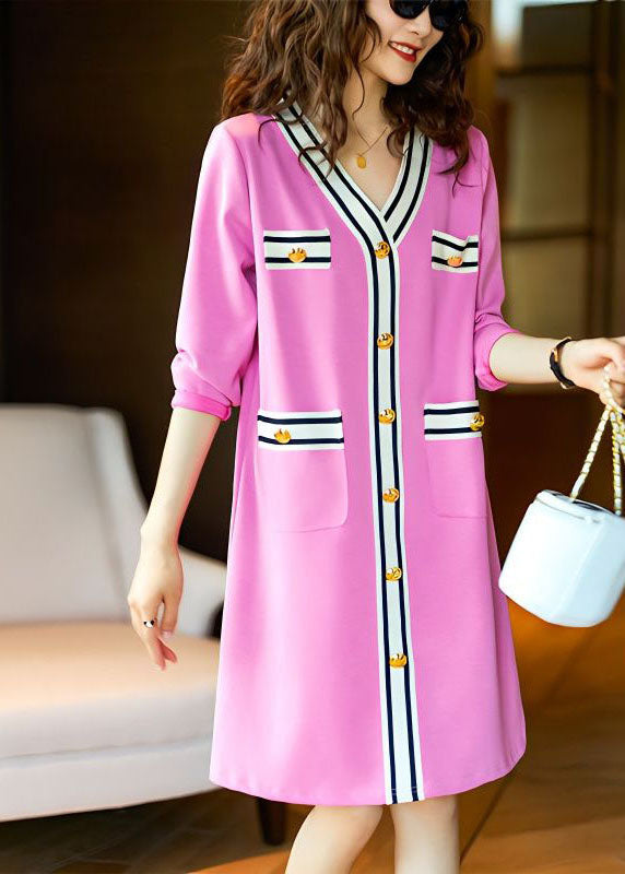 Elegant Pink V Neck Button Patchwork Cotton Mid Dress Spring