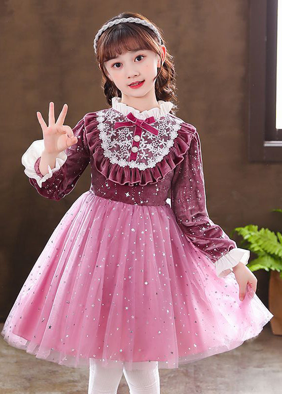 Elegant Purple Ruffled Velour Patchwork Tulle Baby Girls Dress Fall