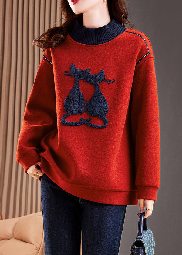 Elegant Red High Neck Patchwork Cotton Pullover Tops Winter