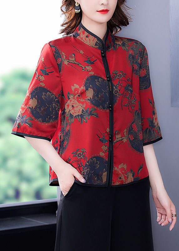 Elegant Red Mandarin Collar Button Silk Shirt Half Sleeve