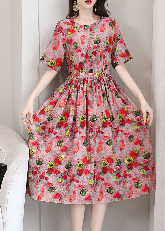 Elegant Red O-Neck Print 2022 Linen Cinch Dresses Short Sleeve