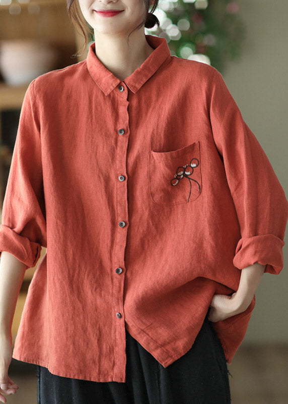 Elegant Red Peter Pan Collar Embroidered Button Linen Shirt Long Sleeve