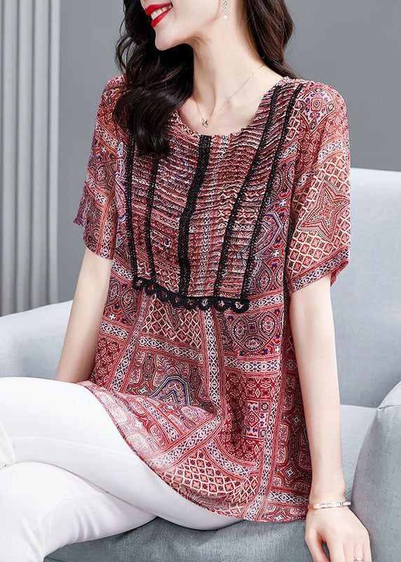 Elegant Red Print Wrinkled Chiffon Blouse Top Summer