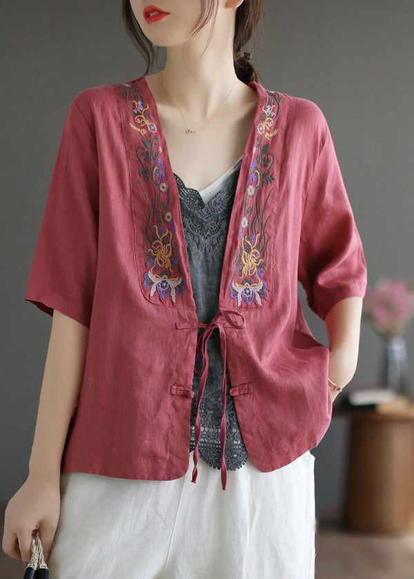 Elegant Red V Neck Embroidered Floral Tie Waist Linen Top Short Sleeve