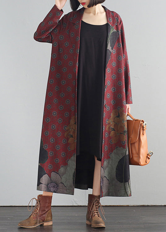 Elegant Red V Neck Print Button Maxi Trench Coats Fall