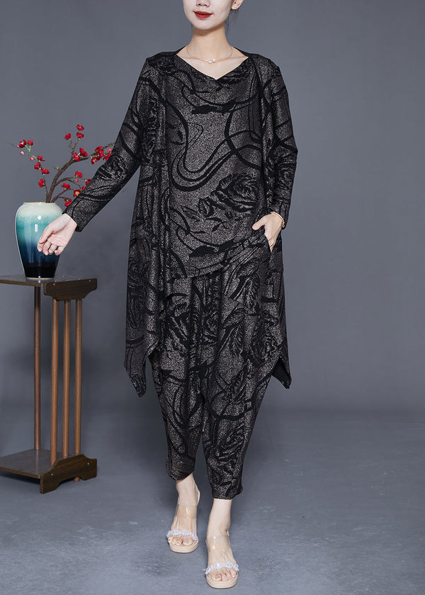 Elegant Slash Neck Oversized Print Silk Three Pieces Set Spring