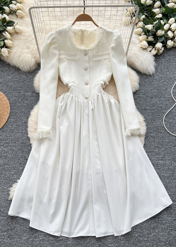 Elegant White Button High Waist Cotton Shirts Dresses Winter