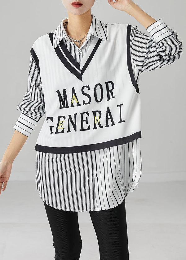 Elegant White Striped Patchwork Cotton Shirt Top Fall