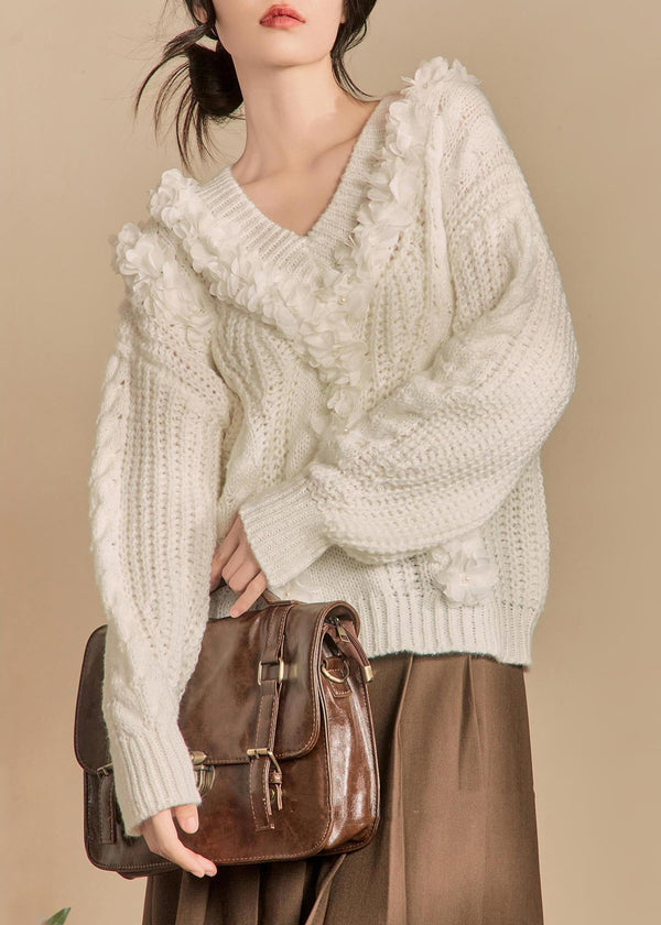 Elegant White V Neck Hollow Out Solid Knit Sweaters Winter