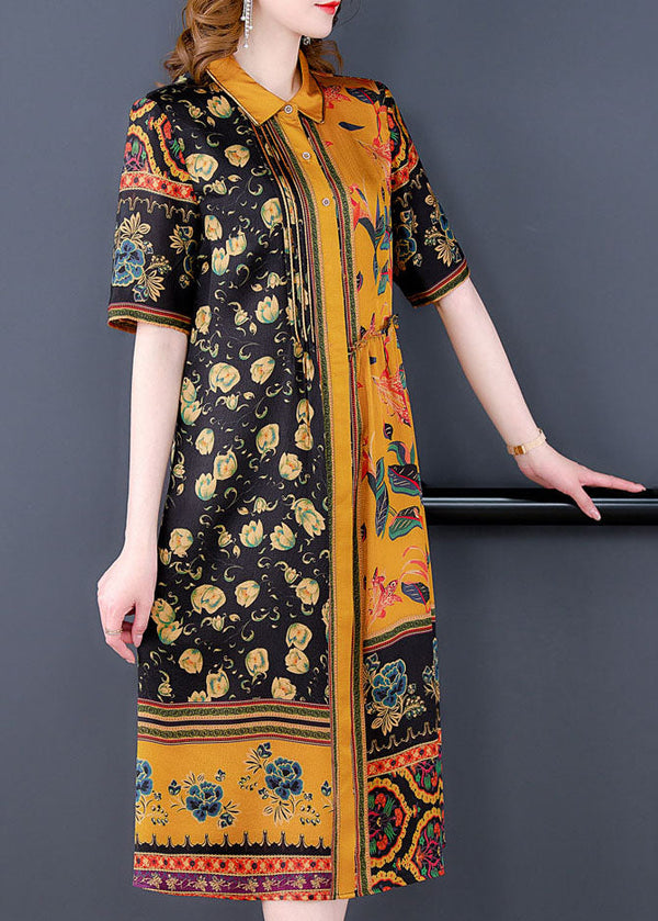 Elegant Yellow Peter Pan Collar Print Silk Shirt Dress For Women Short Sleeve