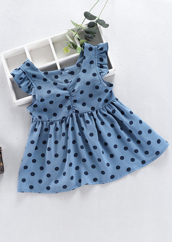 Fashion Baby Blue O-Neck Dot Print Patchwork Girls Vacation Long Dress Sleeveless