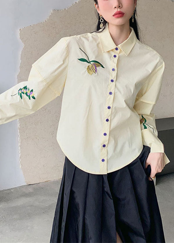 Fashion Beige Embroidered Patchwork Cotton Shirt Top Spring