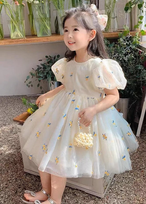 Fashion Beige Embroidered Wrinkled Patchwork Tulle Kids Girls Dress Summer