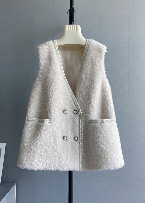 Fashion Beige V Neck Pockets Button Wool Vest Sleeveless