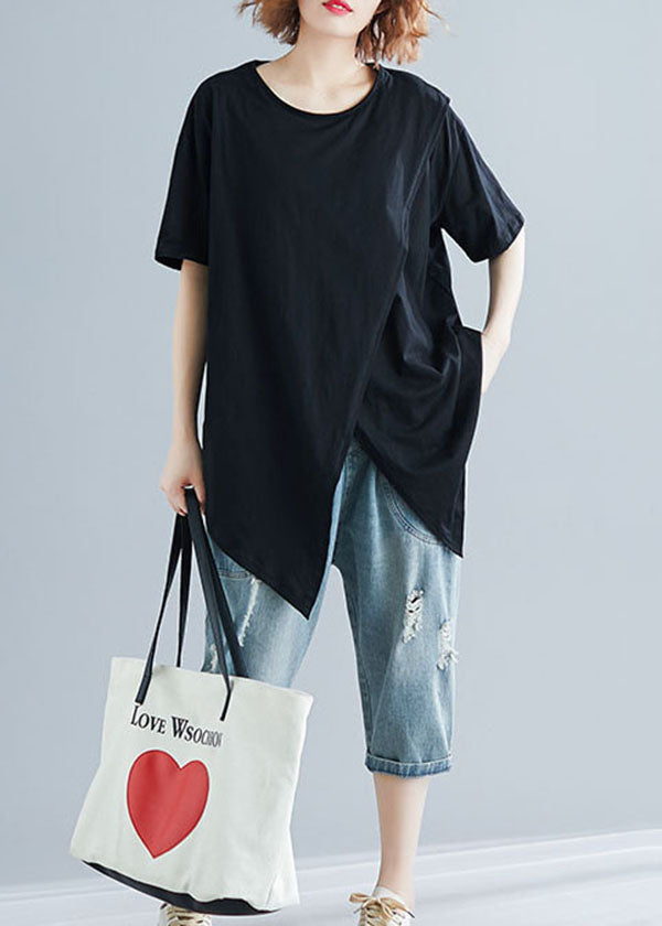 Fashion Black Asymmetrical Patchwork Cotton Top Short Sleeve