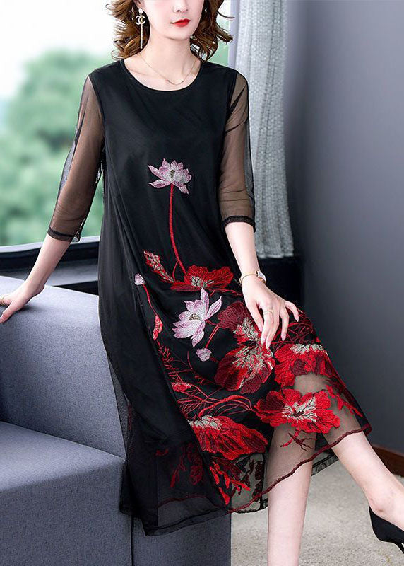 Fashion Black Embroidered Hollow Out Tulle Robe Dresses Bracelet Sleeve