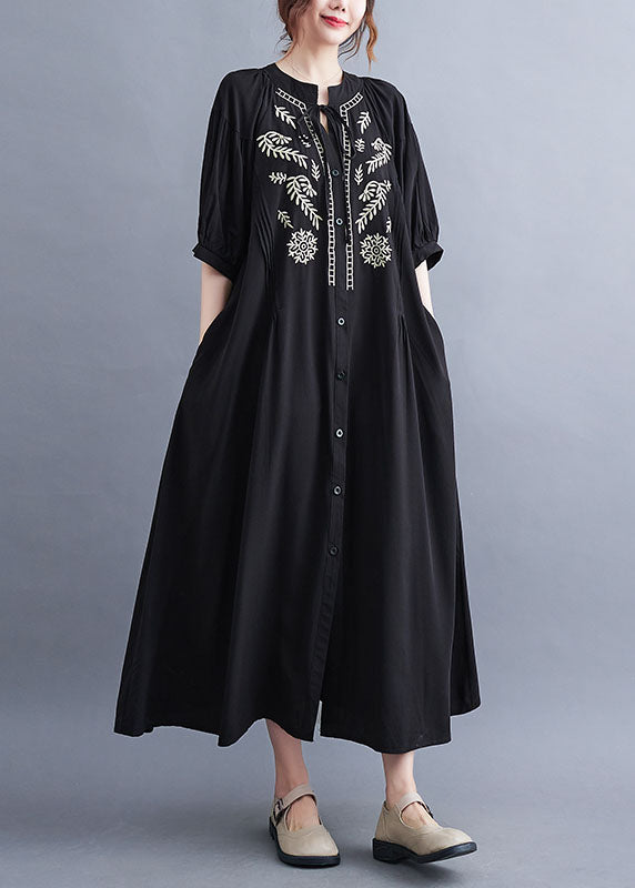 Fashion Black Embroidered Lace Up Cotton Maxi Dress Summer