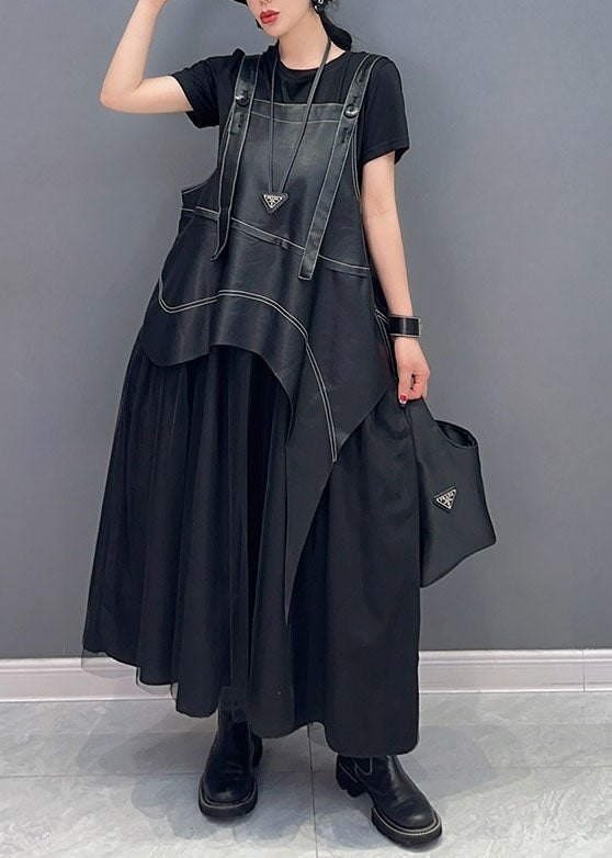 Fashion Black Faux Leather Asymmetrical Patchwork Tulle Dresses Summer