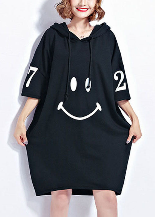 Fashion Black Hooded Smile Print Cotton Maxi Dresses Short Sleeve