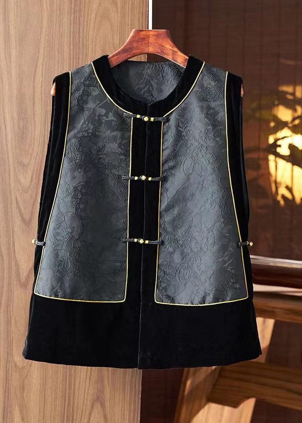 Fashion Black O-Neck Embroidered Silk Patchwork Waistcoat Sleeveless