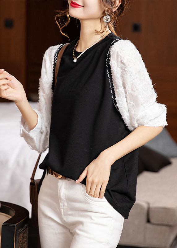 Fashion Black O Neck Patchwork Cotton Blouse Top Fall