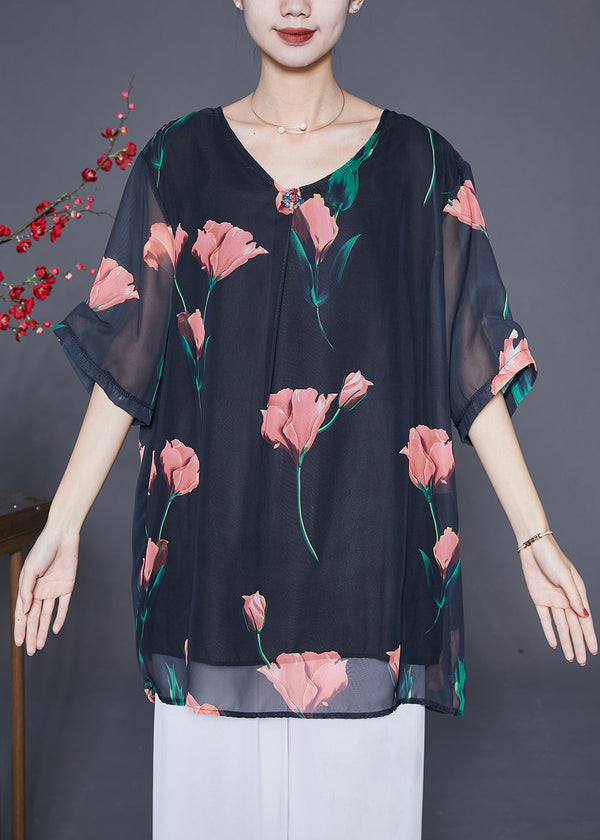 Fashion Black Oversized Floral Chiffon Shirt Top Summer