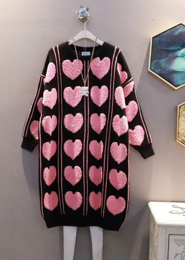 Fashion Black Oversized Loving Heart Jacquard Long Knit Dress Winter