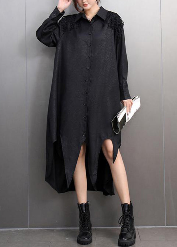 Fashion Black Peter Pan Collar Asymmetrical Lace Patchwork Long Shirts Dress Spring