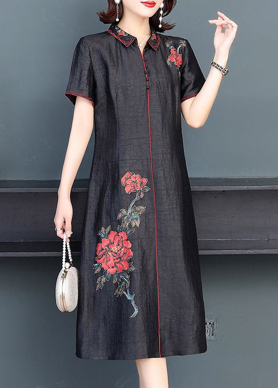 Fashion Black Peter Pan Collar Embroidered Silk Dress Summer